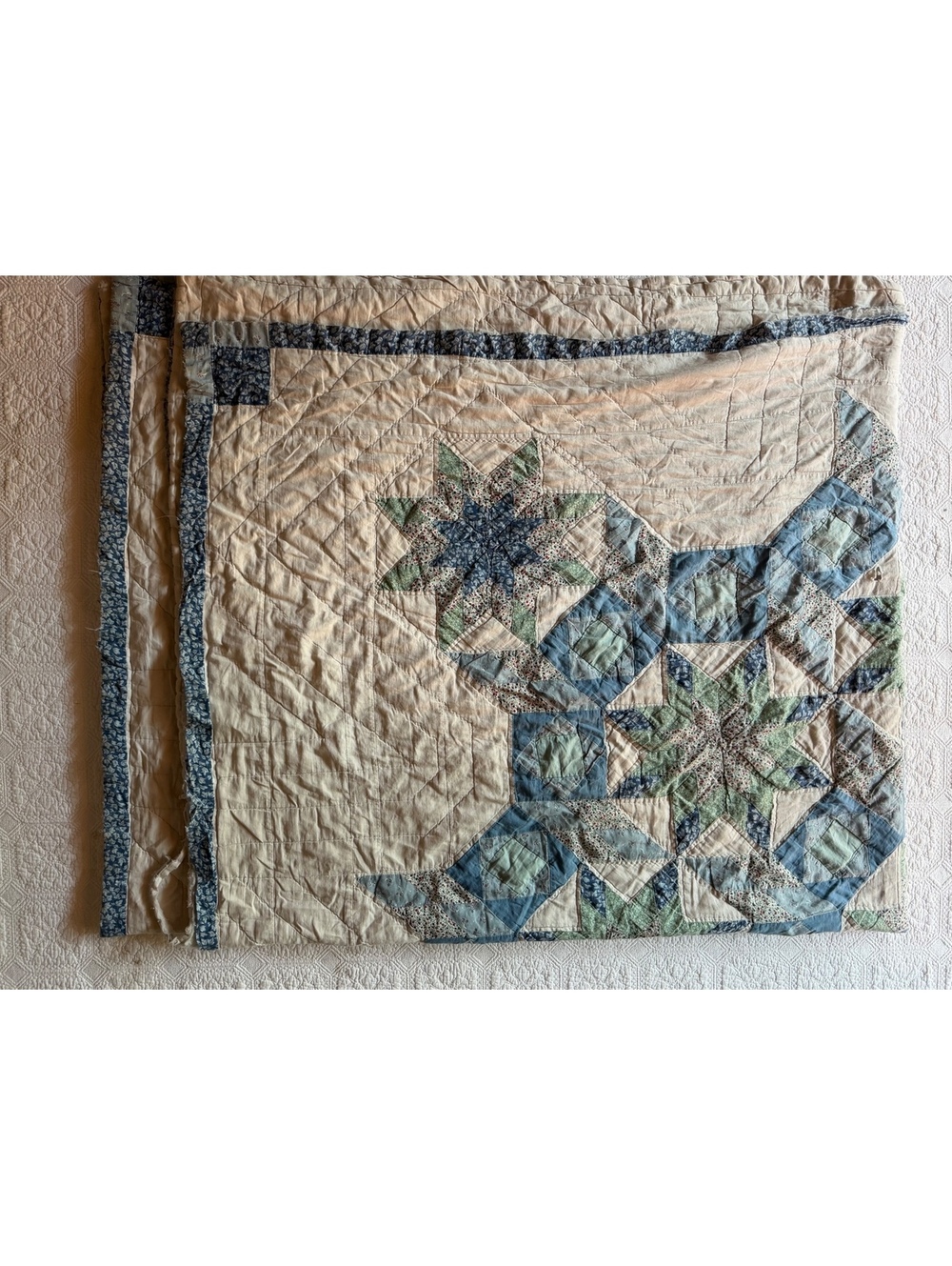 Vintage Quilted Bedspread throw  blanket with Blue and Green Star Pattern
